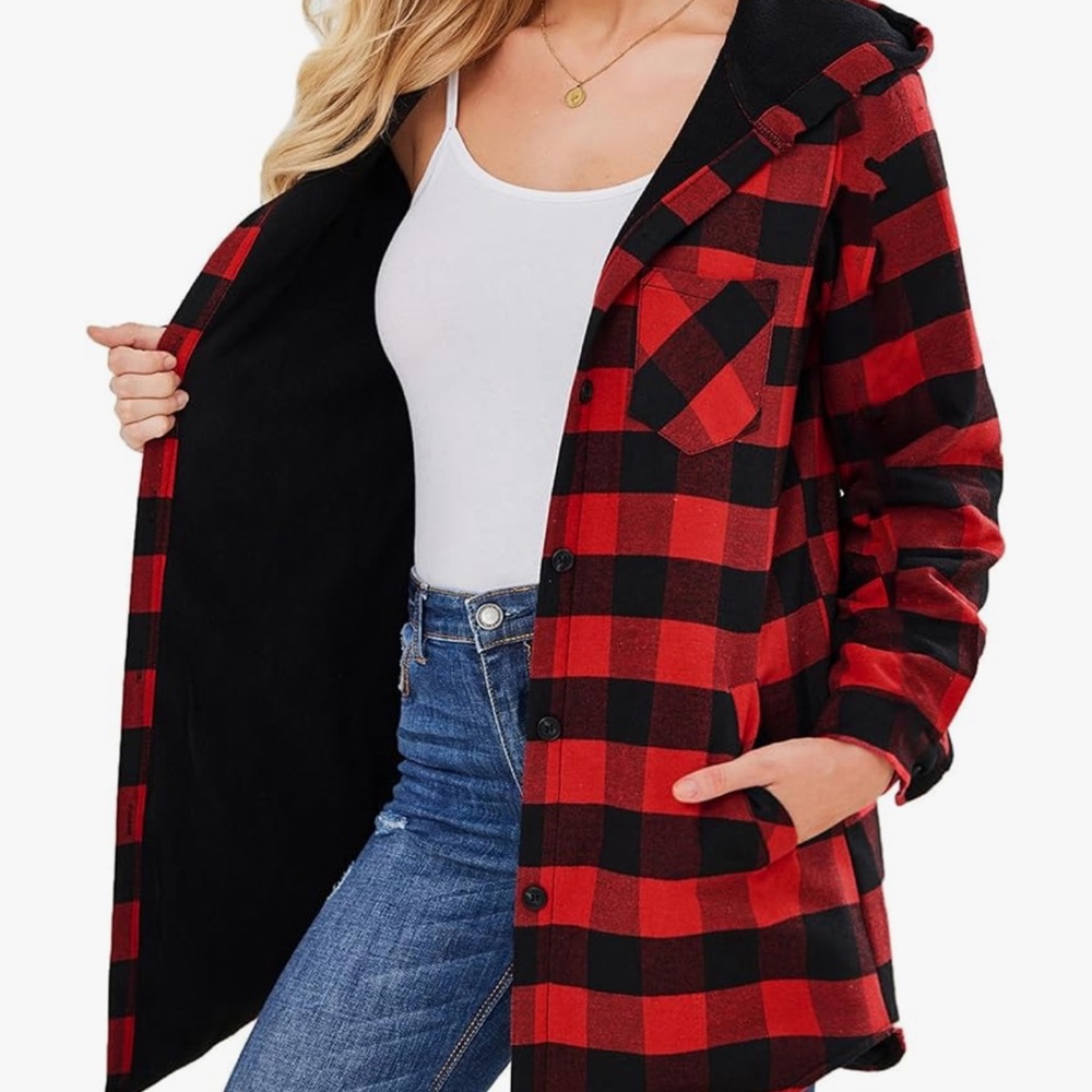 Women's Red Plaid Hooded Jacket fleece lined